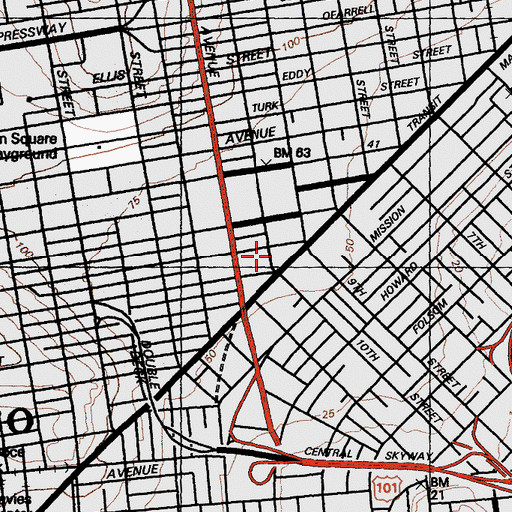 Topographic Map of Fox Plaza Shopping Center, CA