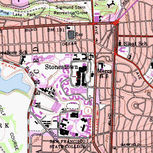 Topographic Map of Stonestown Galleria Shopping Center, CA
