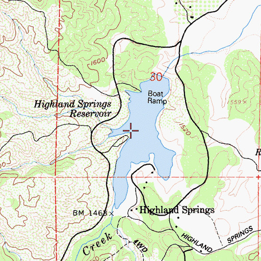 Topographic Map of Highland Springs Reservoir, CA