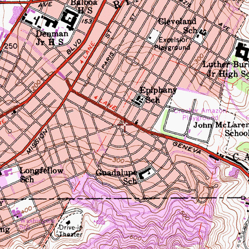 Topographic Map of Geneva Avenue United Methodist Church, CA