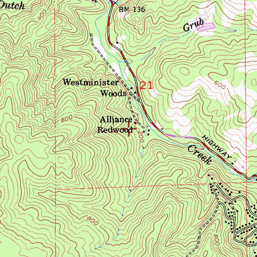 Topographic Map of Alliance Redwood, CA
