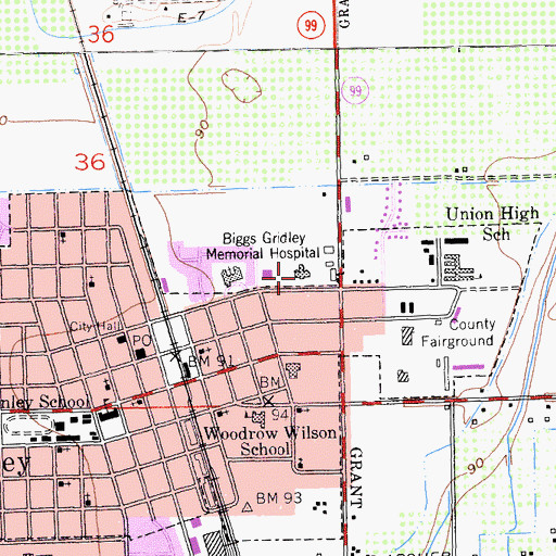 Topographic Map of Biggs Gridley Memorial Hospital, CA