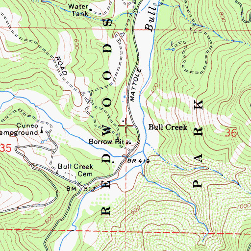 Topographic Map of Bull Creek, CA