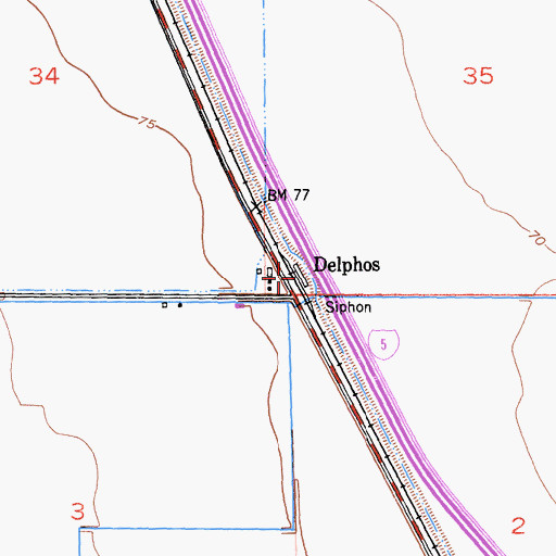 Topographic Map of Delphos, CA