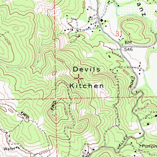 Topographic Map of Devils Kitchen, CA