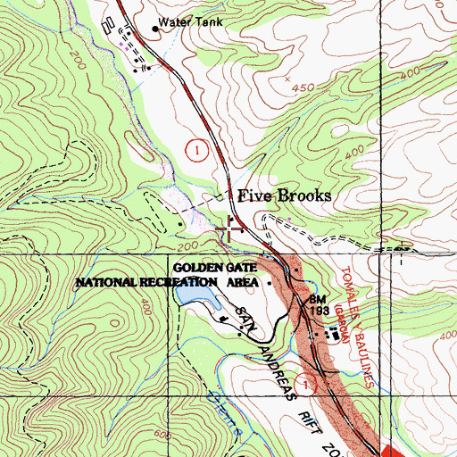 Topographic Map of Five Brooks, CA