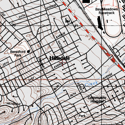 Topographic Map of Hillsdale, CA