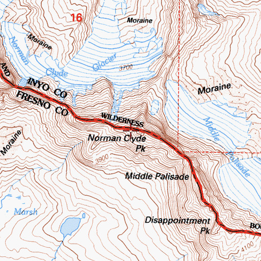 Topographic Map of Norman Clyde Peak, CA
