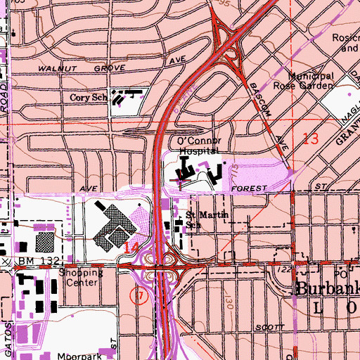 Topographic Map of O'Connor Hospital, CA