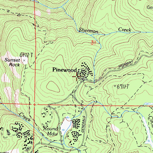 Topographic Map of Pinewood, CA