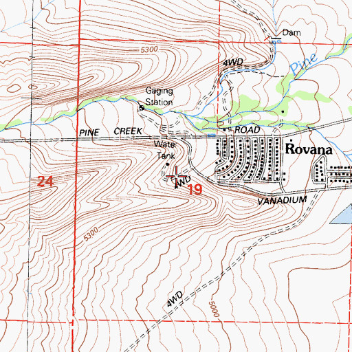 Topographic Map of Rovana, CA