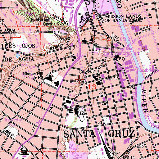 Topographic Map of Santa Cruz, CA