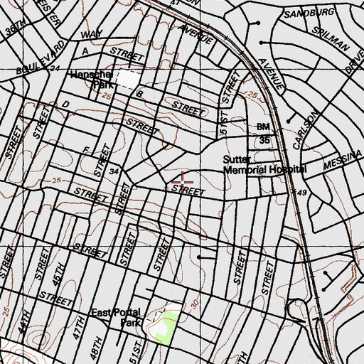 Topographic Map of Sutter Memorial Hospital, CA