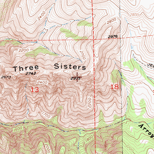 Topographic Map of Three Sisters, CA
