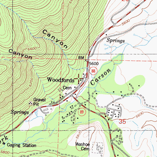Topographic Map of Woodfords, CA