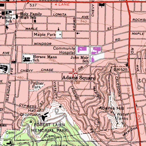 Topographic Map of Adams Square, CA