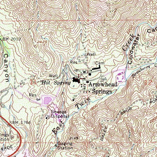 Topographic Map of Arrowhead Springs, CA