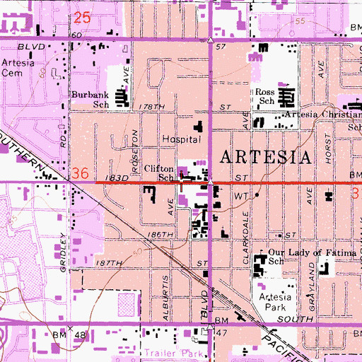 Topographic Map of Artesia, CA