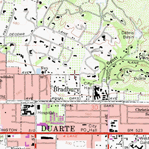 Topographic Map of Bradbury, CA