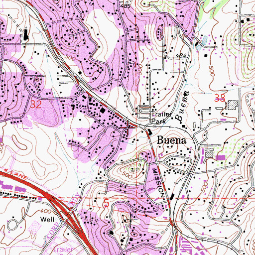 Topographic Map of Buena, CA