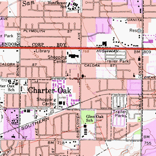 Topographic Map of Charter Oak, CA