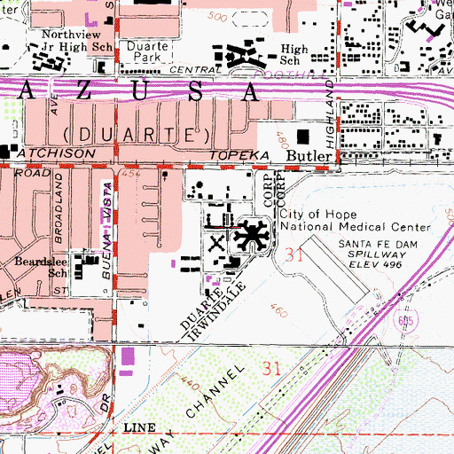 Topographic Map of Helford Clinical Research Hospital at City of Hope, CA