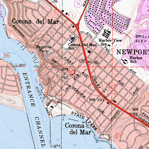 Topographic Map of Corona del Mar, CA