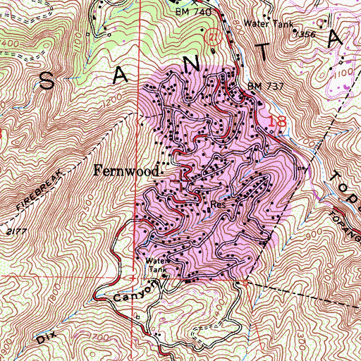 Topographic Map of Fernwood, CA