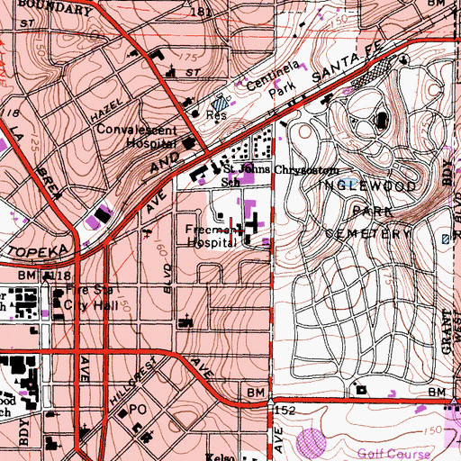 Topographic Map of Daniel Freeman Memorial Hospital, CA