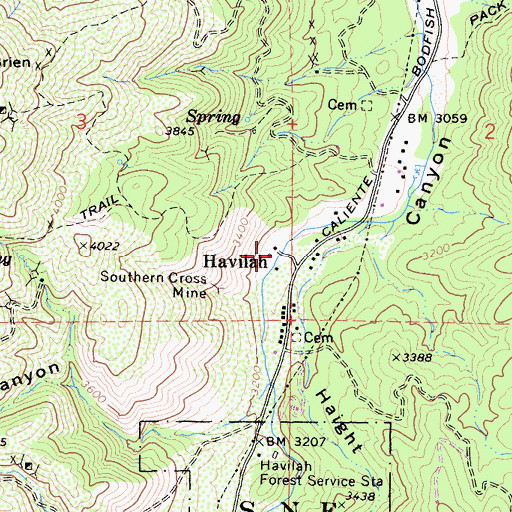Topographic Map of Havilah, CA