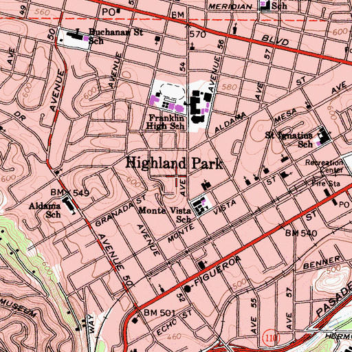 Topographic Map of Highland Park, CA