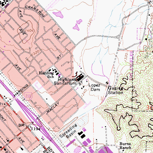 Topographic Map of Highland Sanitarium, CA