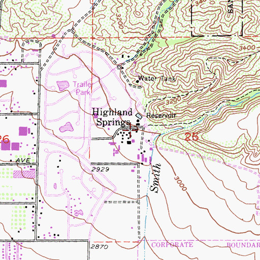Topographic Map of Highland Springs, CA