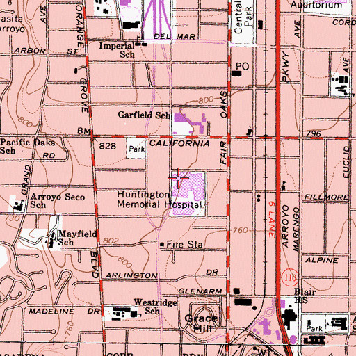 Topographic Map of Huntington Hospital, CA