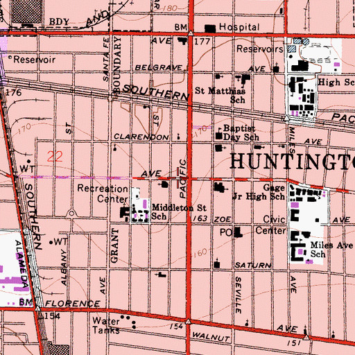Topographic Map of Huntington Park, CA