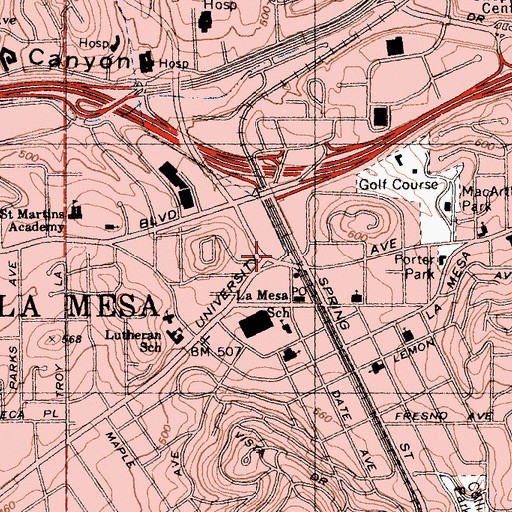 Topographic Map of La Mesa, CA