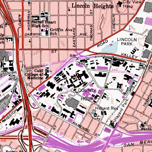 Topographic Map of Los Angeles County Hospital, CA