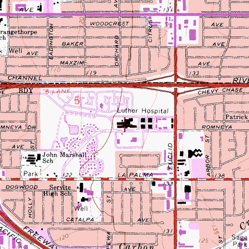 Topographic Map of Martin Luther Hospital, CA