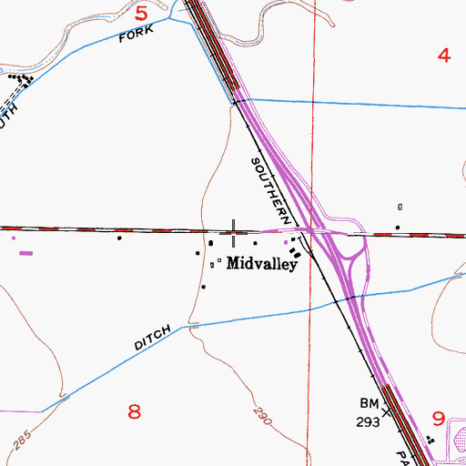 Topographic Map of Midvalley, CA
