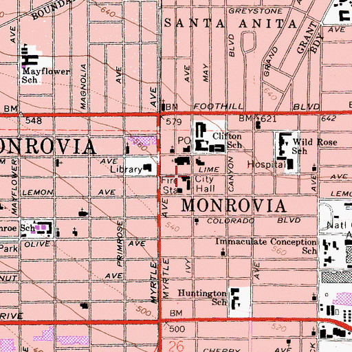 Topographic Map of Monrovia, CA