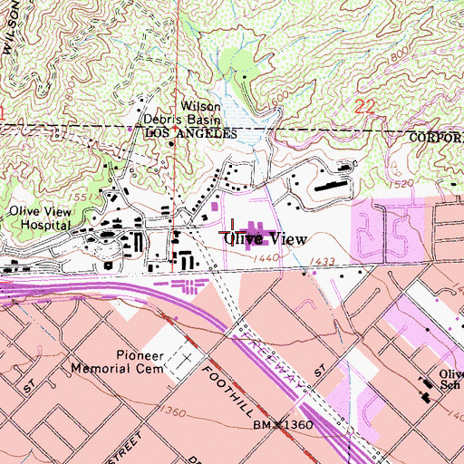 Topographic Map of Olive View University Of California Los Angeles Medical Center, CA