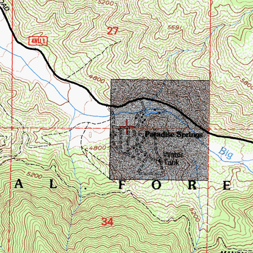 Topographic Map of Paradise Springs, CA
