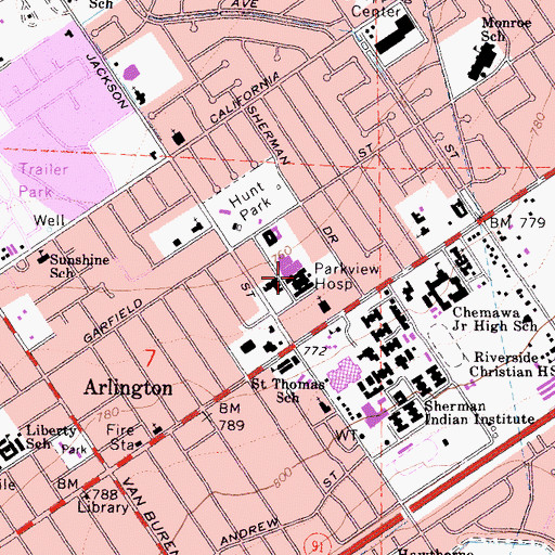 Topographic Map of Parkview Community Hospital Medical Center, CA
