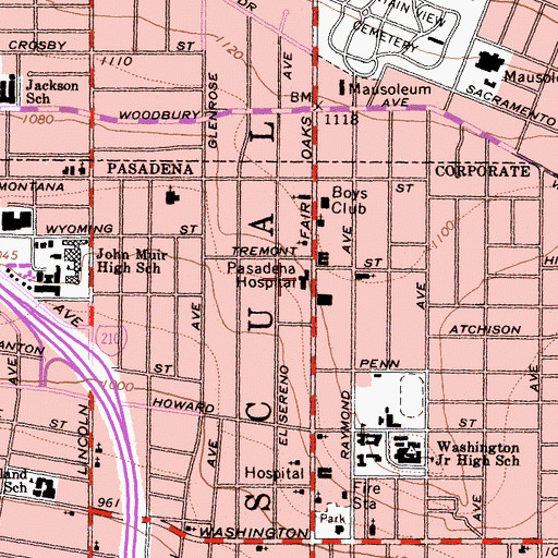 Topographic Map of Pasadena Hospital, CA
