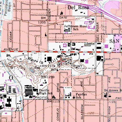 Topographic Map of Perris Hill, CA