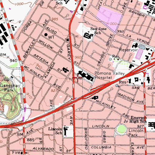 Topographic Map of Pomona Valley Hospital Medical Center, CA