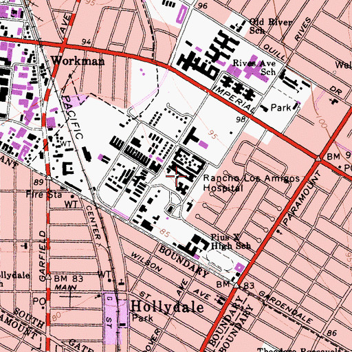 Topographic Map of Rancho Los Amigos Medical Center, CA