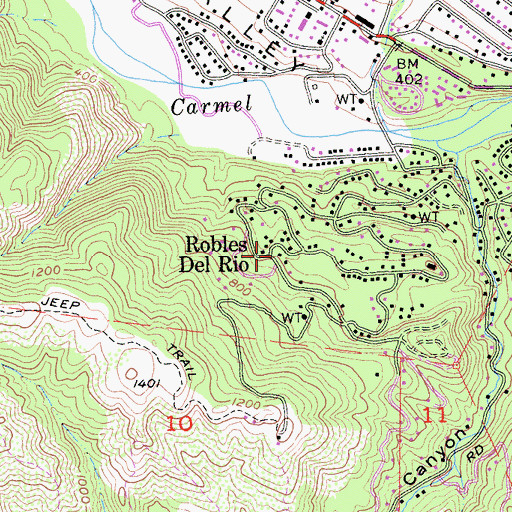 Topographic Map of Robles Del Rio, CA