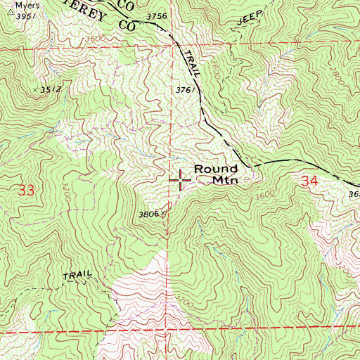 Topographic Map of Round Mountain, CA