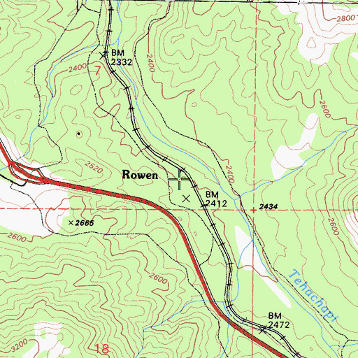Topographic Map of Rowen, CA